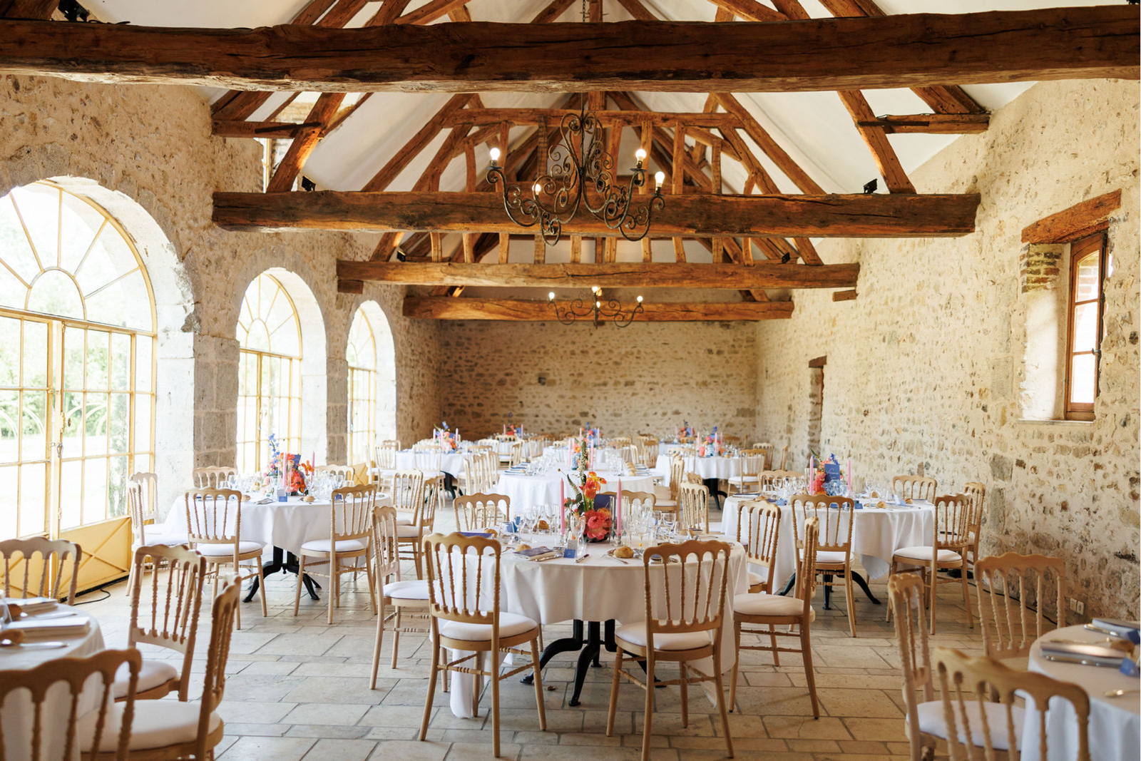 Reception hall set for a wedding